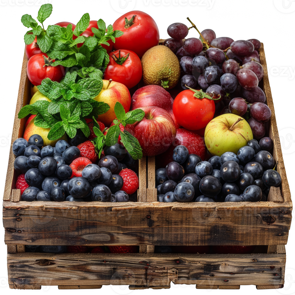 Fresh fruits and vegetables in a wooden box on transparent background png