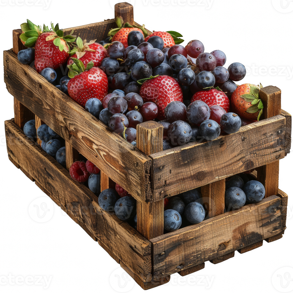 Fresh berries in a wooden box on transparent background png