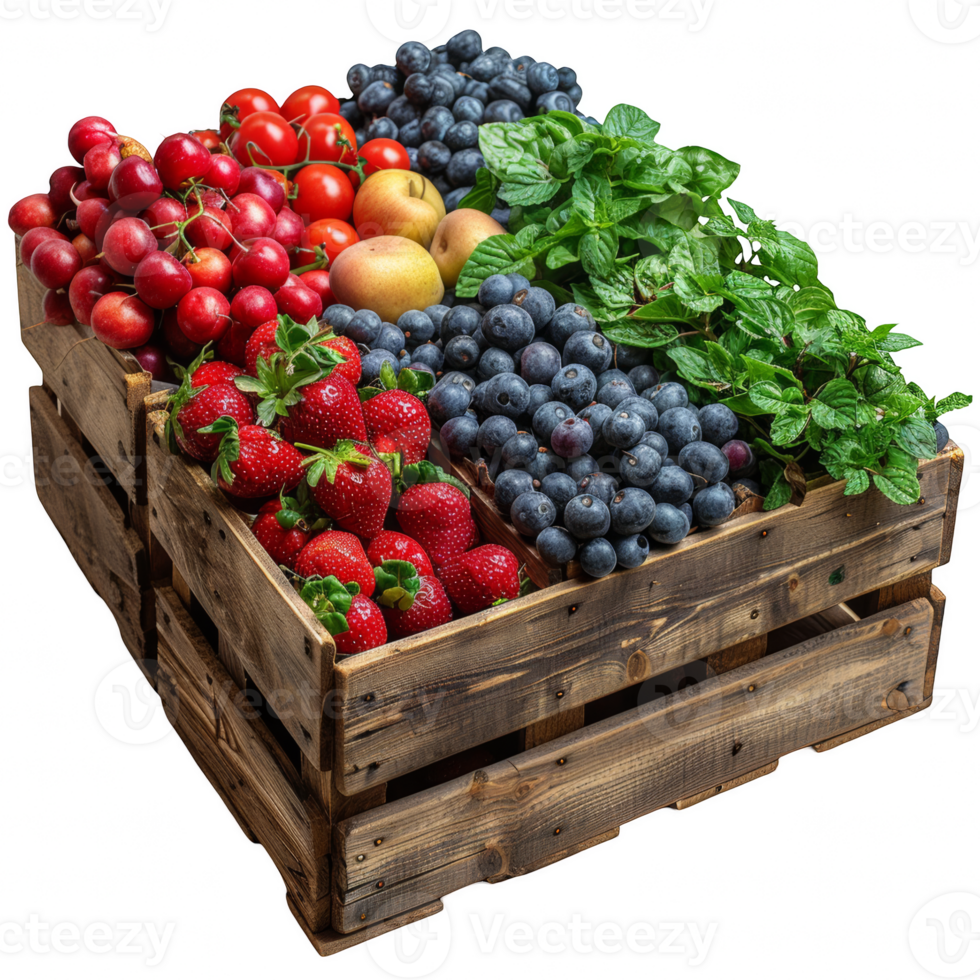Fresh fruits and vegetables in a wooden box on transparent background png