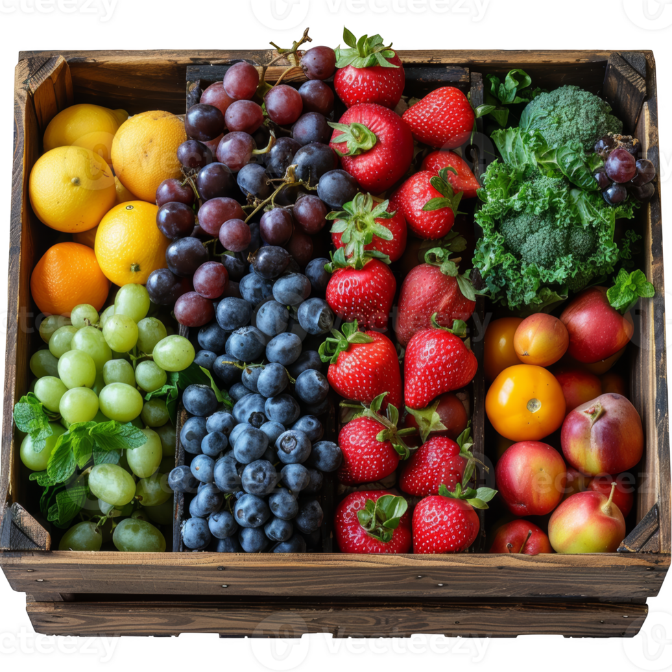 Fresh fruits and vegetables in a wooden box on transparent background png