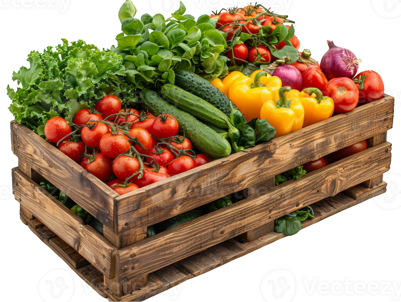 Wooden crate full of fresh organic vegetables on transparent background png