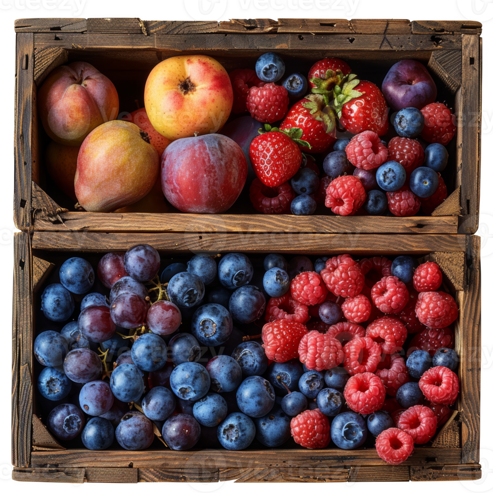 Fresh fruits and vegetables in a wooden box on transparent background png