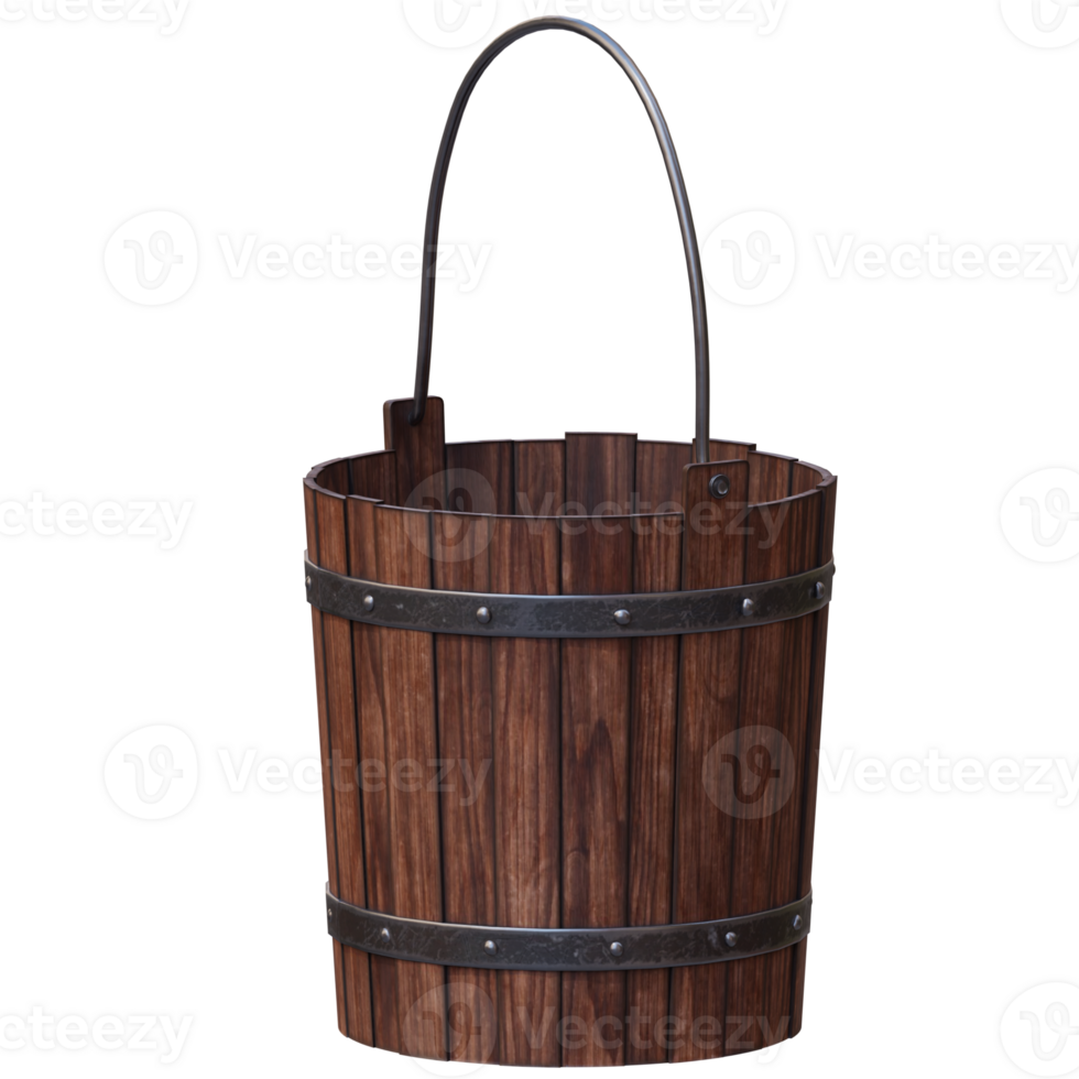 3d render wooden bucket with transparent background png