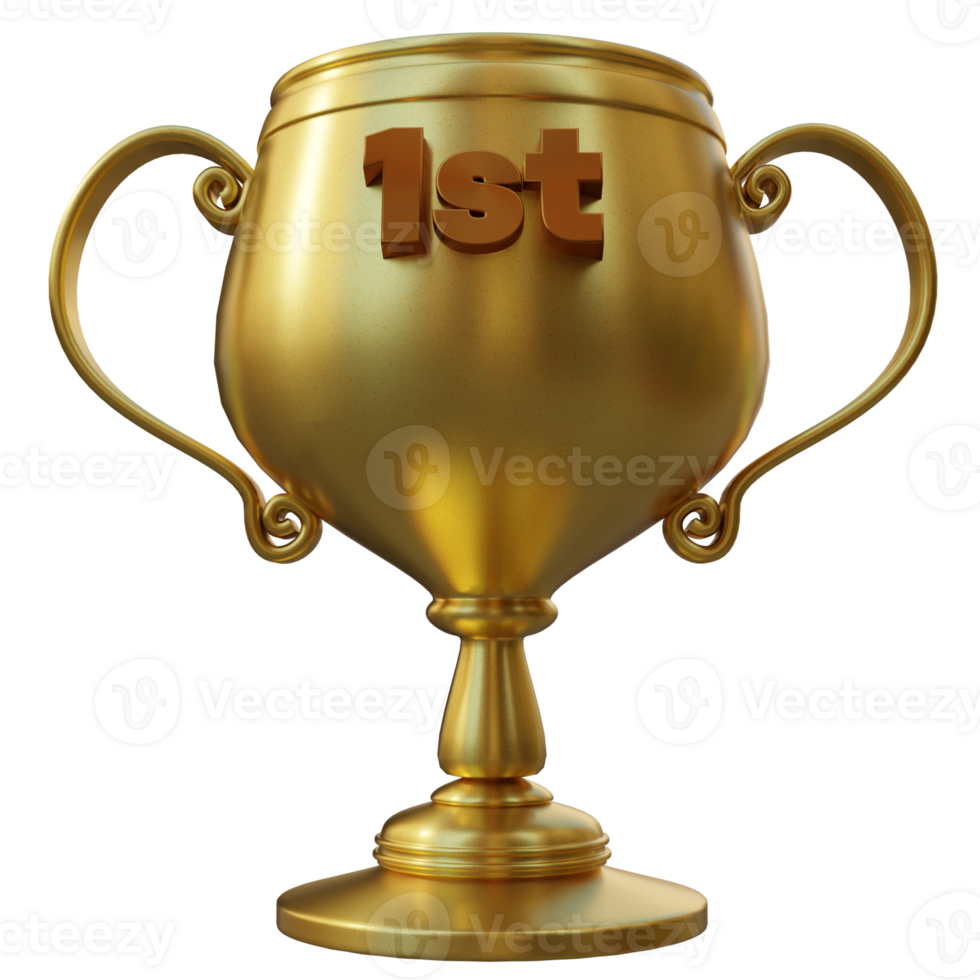3d render first place champion gold trophy cup with transparent background png