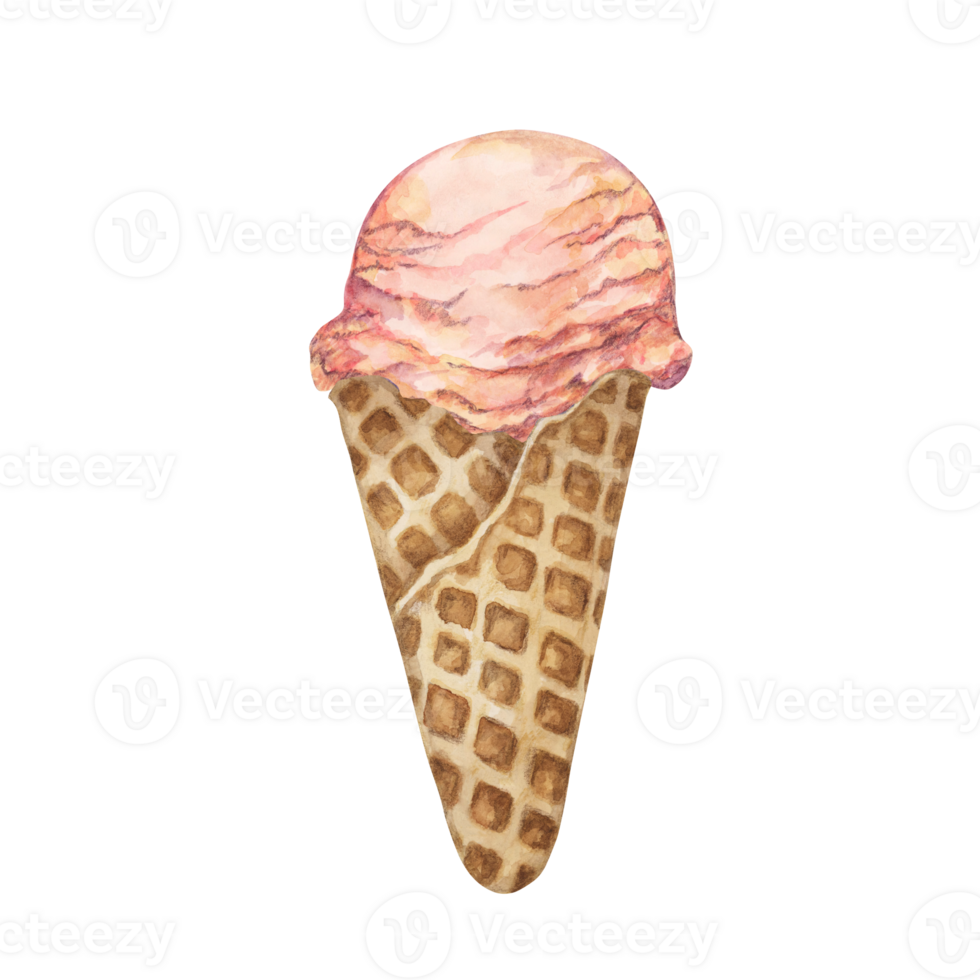 Pink strawberry, raspberry, sakura, lychee, rose or pink lemonade ice cream scoop in waffle cone clipart . Dessert watercolor illustration of cold treats for labels, menu, culinary design, summer fair png