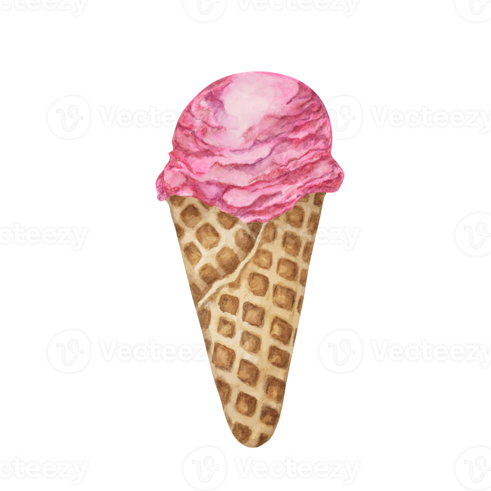 Raspberry, dragon fruit, bubblegum, pomegranate, cherry ice cream scoop in waffle cone clipart. Dessert realistic watercolor illustration of cold treats for labels, menu, culinary design, summer fair png