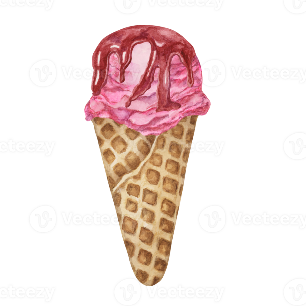 Raspberry, dragon fruit, bubblegum, pomegranate, cherry ice cream scoop with berry sauce topping in waffle cone clipart. Dessert watercolor illustration for labels, menu, culinary design, summer fair png