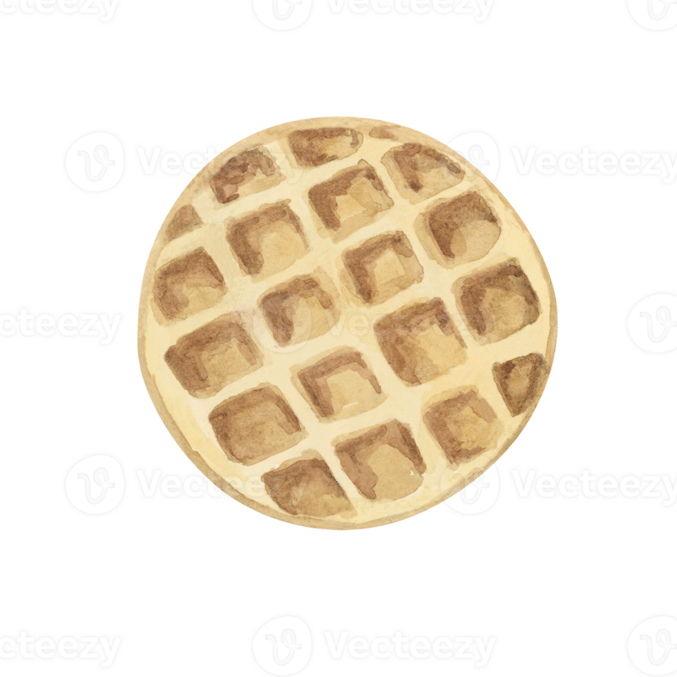 A round, golden waffle with a classic grid pattern. Watercolor topping illustration for desserts, pastry, Realistic hand drawn clipart for ice cream cafe, stand, menu, culinary design, summer fair png