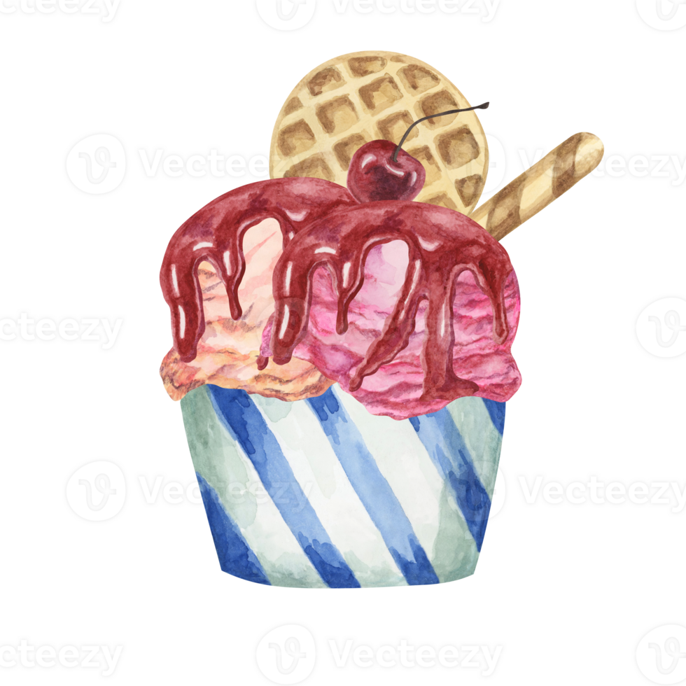 Ice cream sundae in the striped paper cup with red berries sirup, waffles and maraschino cherries toppings. Dessert watercolor illustration for culinary designs, menu, summer fair. Hand drawn clipart png