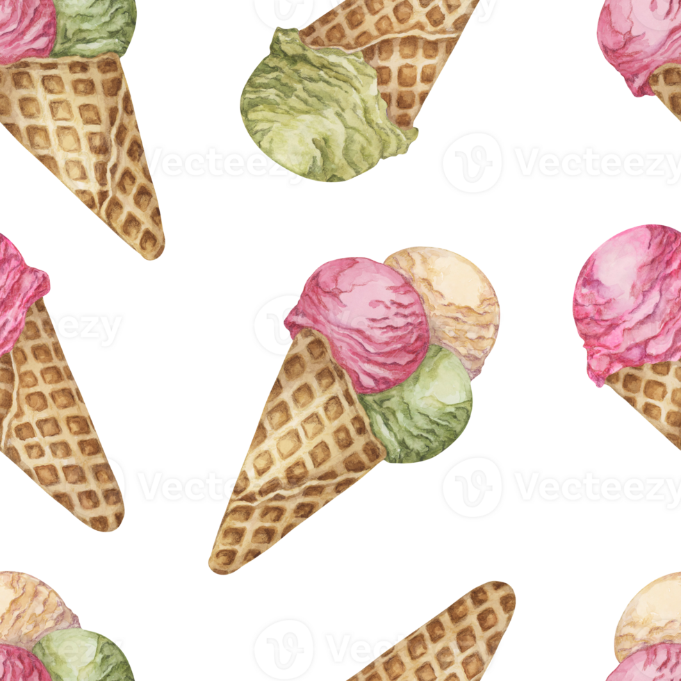 Ice cream scoops in the waffle cone seamless pattern. Three flavors clipart with green pink and cream colors. Dessert watercolor print for textile, wallpaper, napkins, ice cream parlor design, covers png