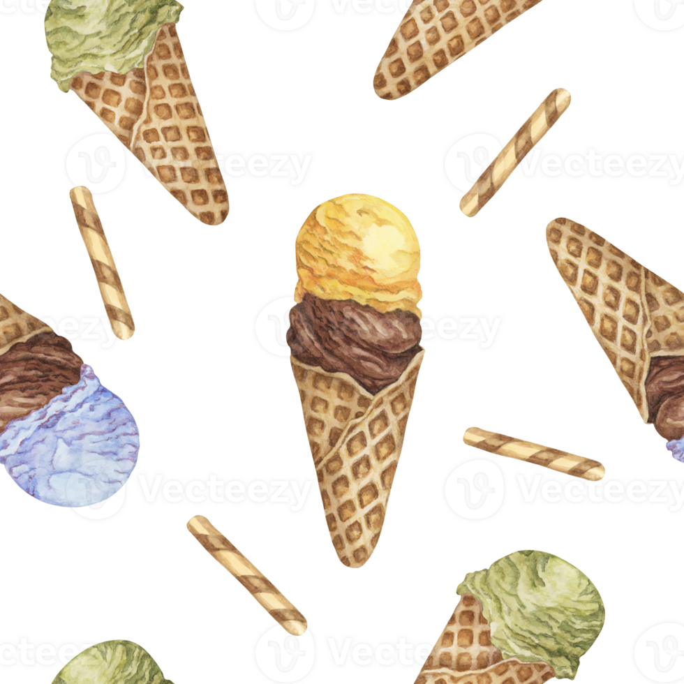 Colorful ice cream seamless pattern. Bubblegum, chocolate, banana, lemon, pistachio or matcha flavors in retro style. Watercolor clipart for printing, textile, apparel, wrapping paper, scrapbooking png