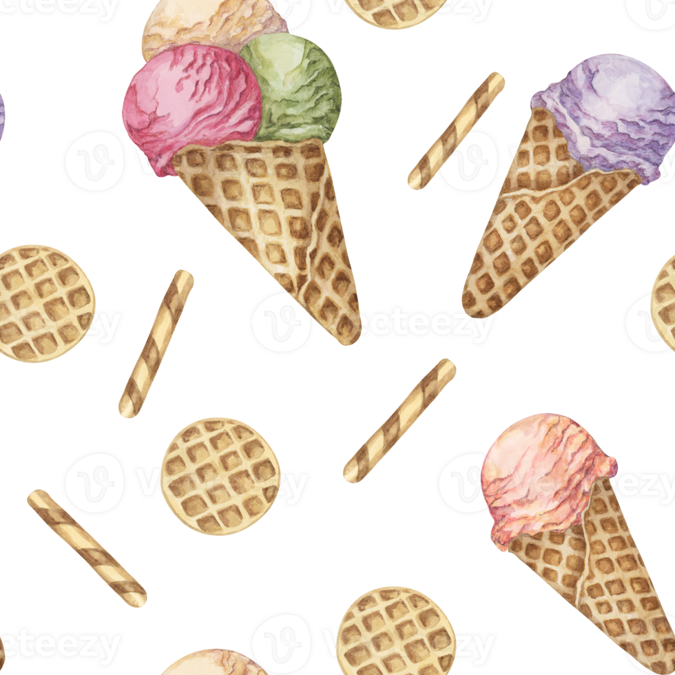 Ice cream in whimsical pastel colors seamless pattern. Retro 1950s watercolor confectionary clipart. Dessert backdrop design for textile, wrapping paper, scrapbooking, gelato or sorbet packaging png