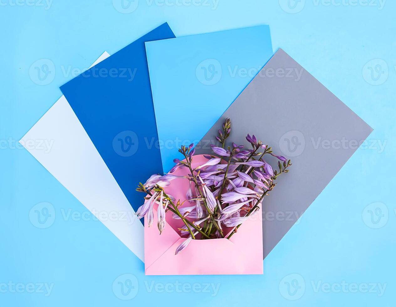 Pink paper envelope with fresh bright garden flowers and empty paper sheets on light blue background. Festive floral template. Greeting card design. Top view. photo