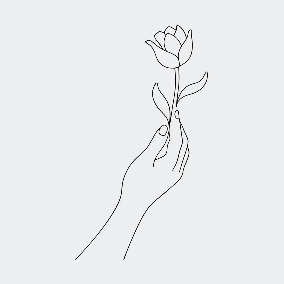 Continuous one line art A hand holds a flower. Minimal linear hand with flower vector