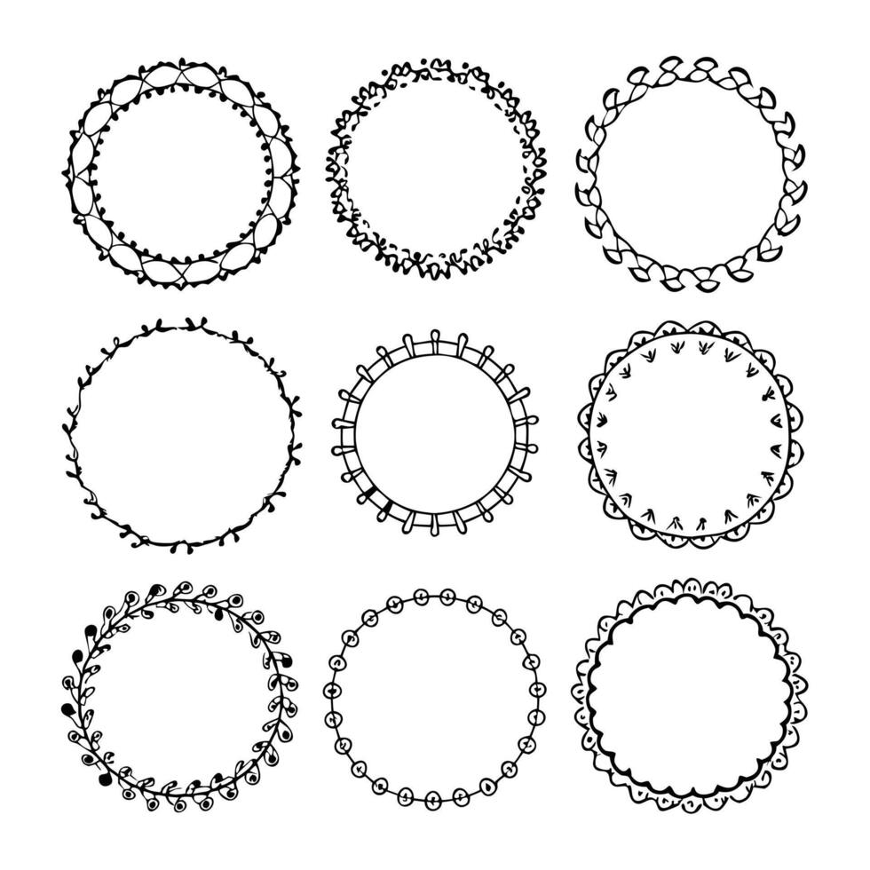 Set of round doodle frames isolated on white background vector