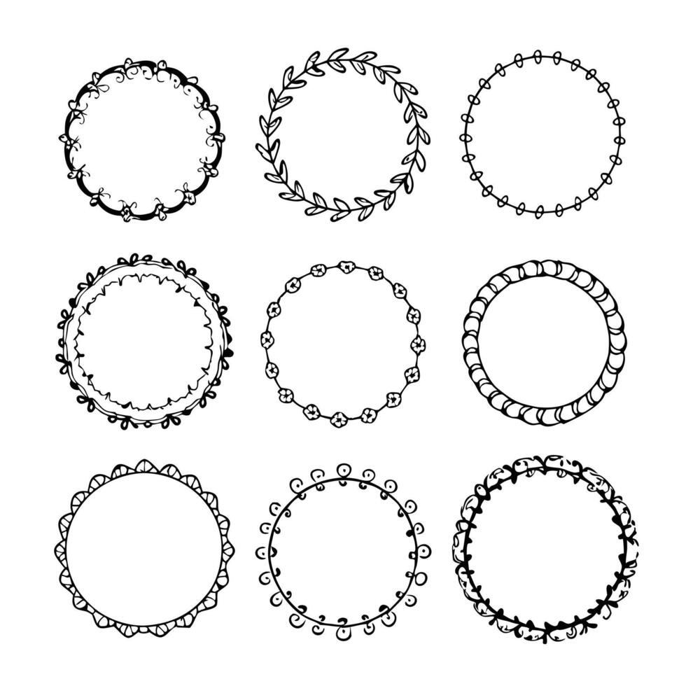 Set of round doodle frames isolated on white background vector