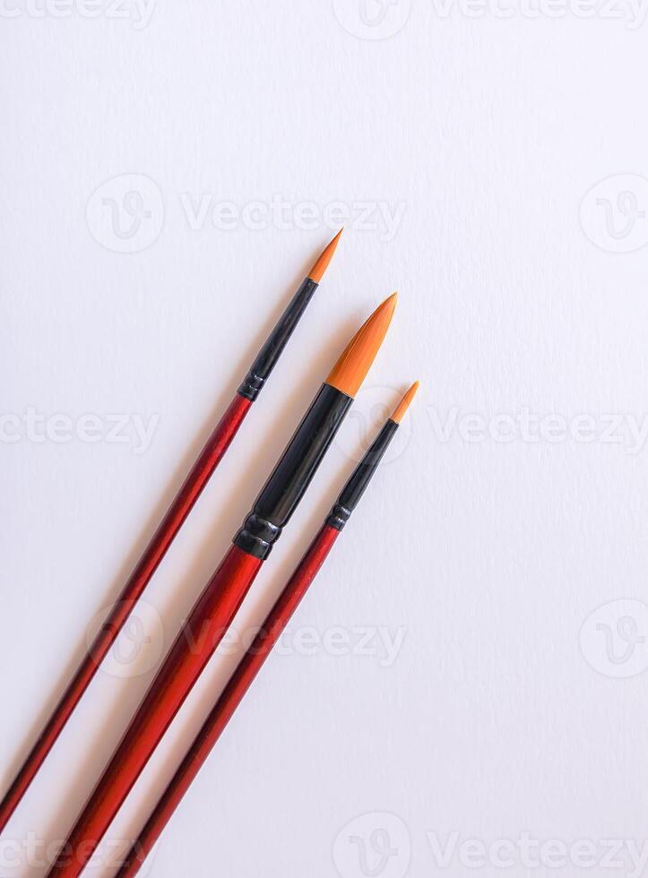 Paint brushes on white background for acrylic, gouache, watercolor painting. photo