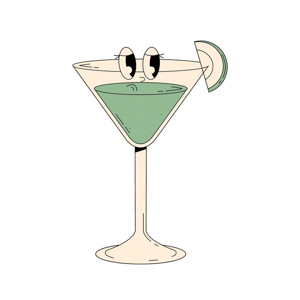 Retro groovy character summer cocktail. Cute alcohol beverage Apple Martini. Vintage illustration 70s, 80s style vector