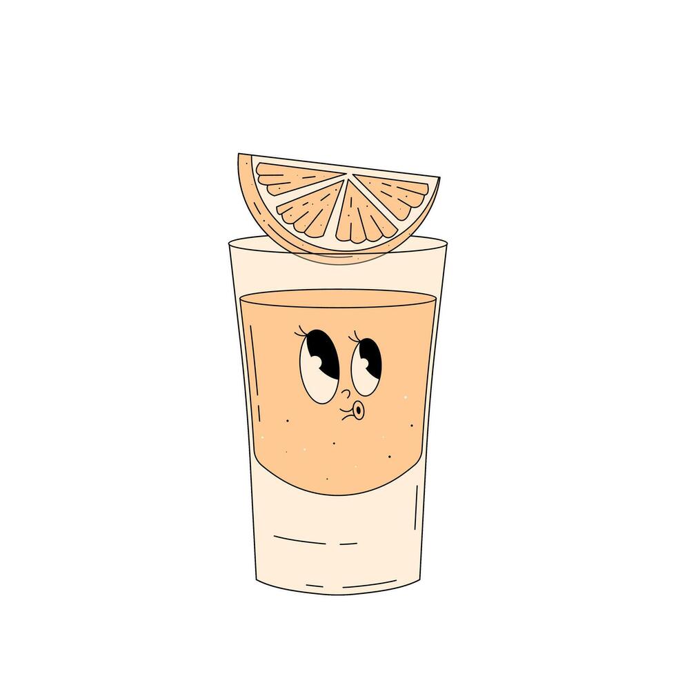 Retro groovy character summer cocktail. Cute alcohol beverage mexican tequila. Vintage illustration 70s, 80s style vector