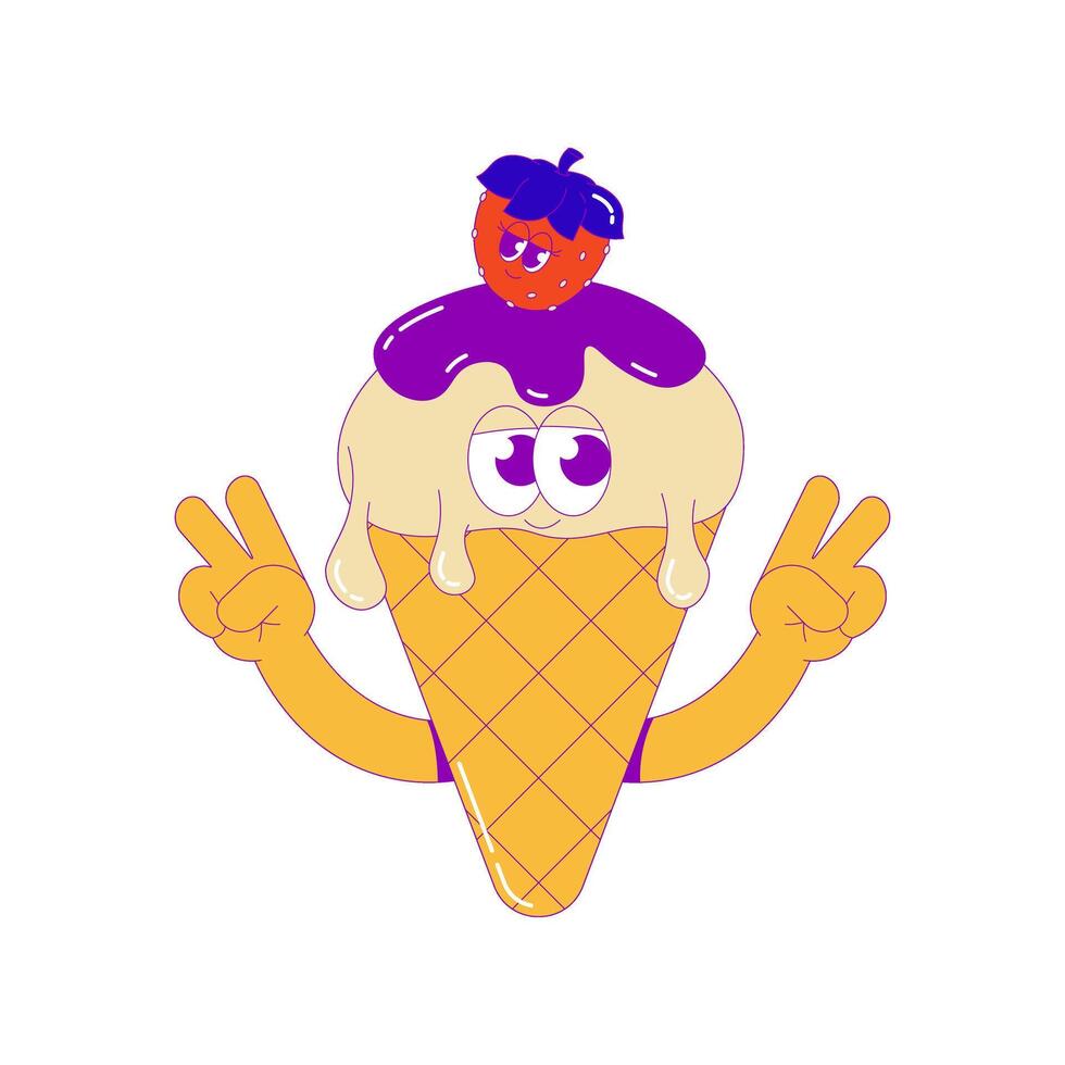 Funky ice cream with hands. A scoop of ice cream with chocolate in waffle cone and strawberry with cute faces. Cute character dessert mascot in groovy style. surrealism illustration in bright vector
