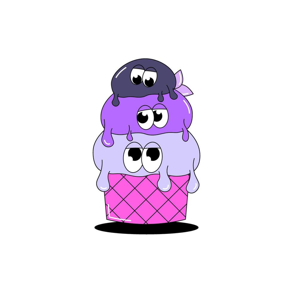 Trendy psychedelic sticker ice cream. Three scoops of ice cream in waffle cup with funky faces. Cute character dessert mascot in groovy style. illustration for menu, cafe vector