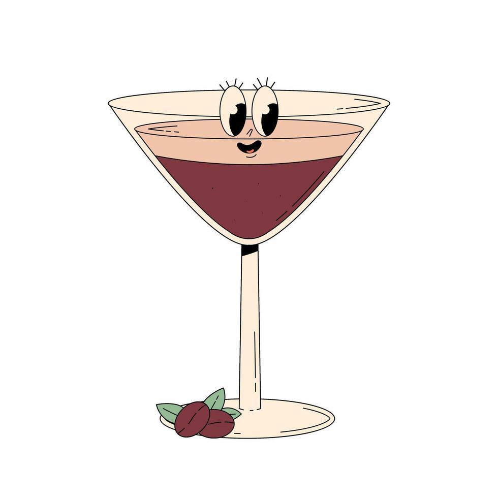 Retro groovy character summer cocktail. Cute alcohol beverage Tini espresso martini. Vintage illustration 70s, 80s style vector