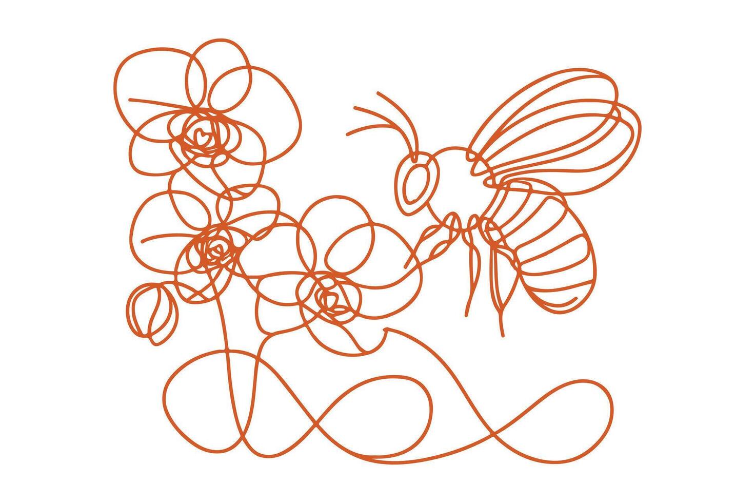 Bee one line art.bee with Orchid flowers. vector