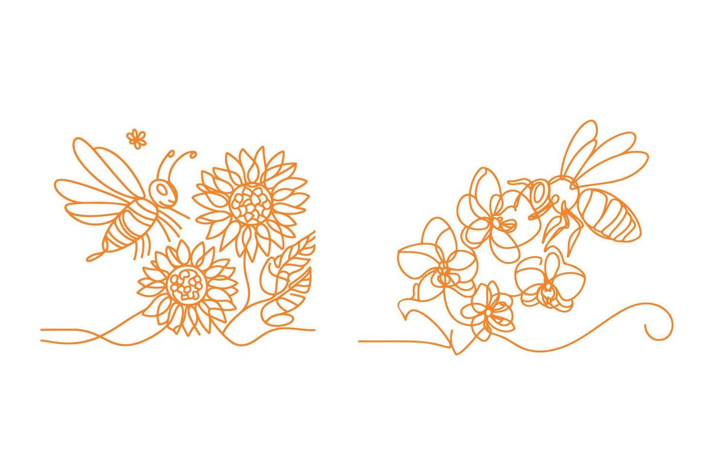 Bee one line art.bee with Orchid flowers. vector