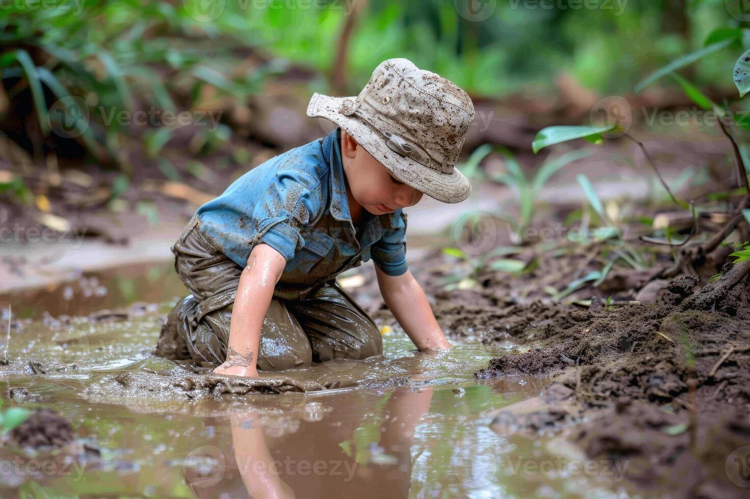 A kid playing in the mud being dirty all over. AI generate photo