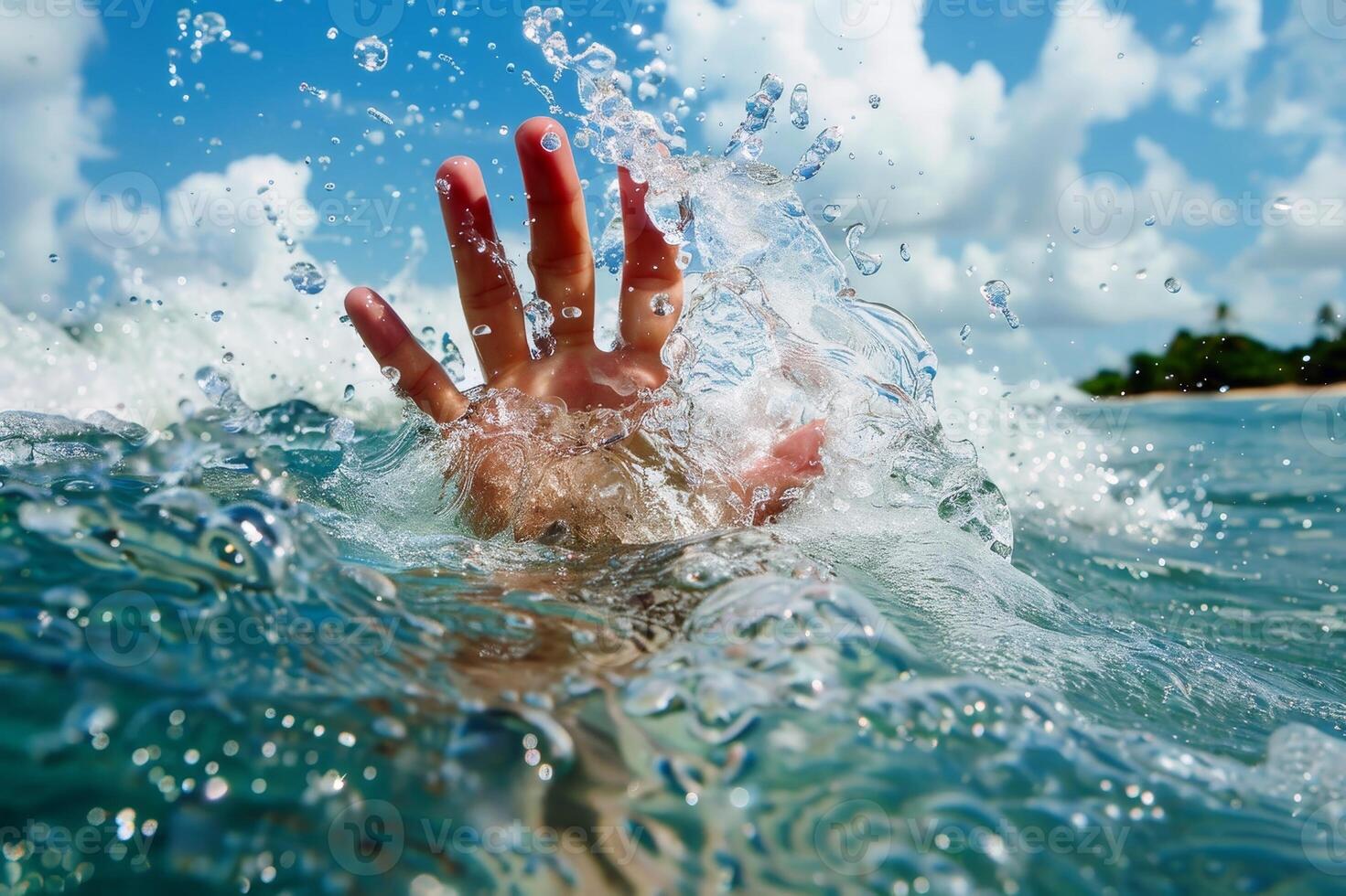 A hand in need for help emerges from splashing ocean waves. AI generate photo