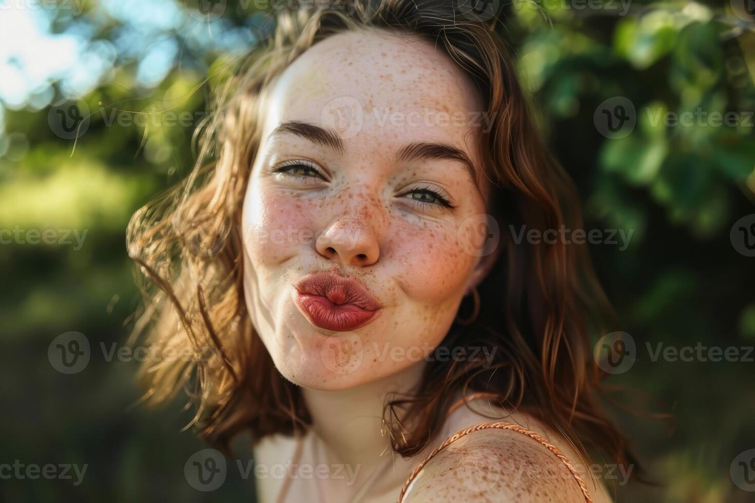 A young woman giving a kiss to the camera. AI generate photo