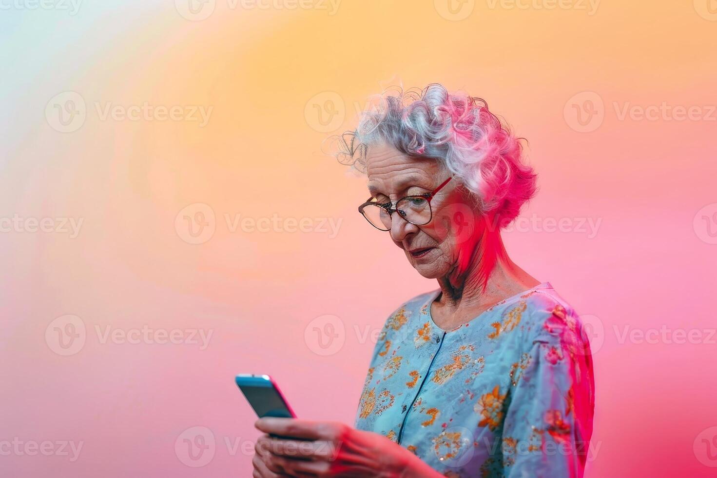 A retired woman with her smartphone and a pastell color background. AI generate photo