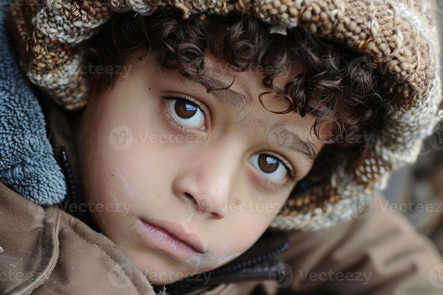 Fictitious depiction of a poor little boy looking into the camera. AI generate photo