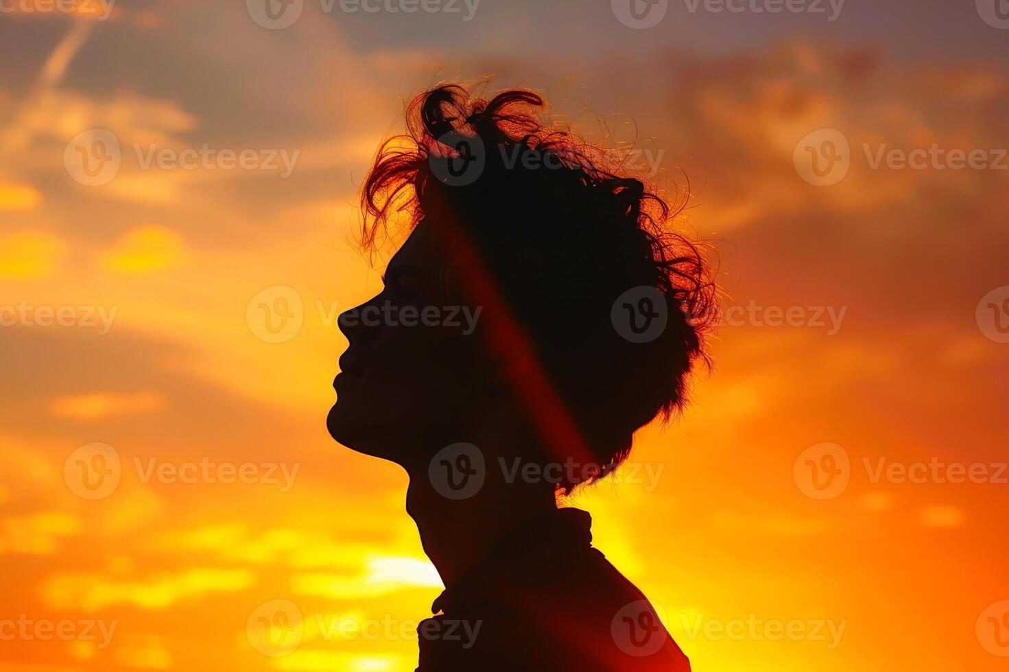 A person in profile against a sunset sky AI generate photo