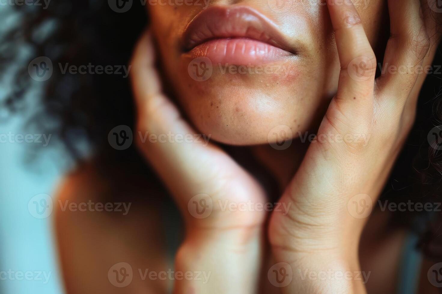 Close up of a womans hands gently caressing her skin demonstrating self care and sensuality. AI generate photo