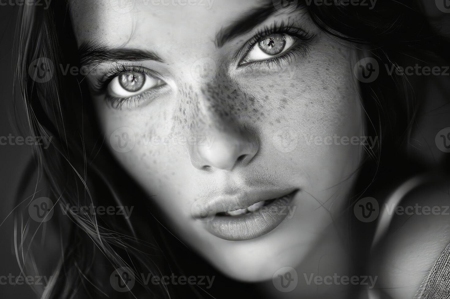 A mesmerizing portrait of a beautiful woman in black and white. AI generate photo