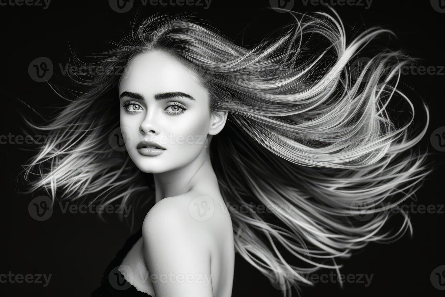 A mesmerizing portrait of a beautiful woman in black and white. AI generate photo