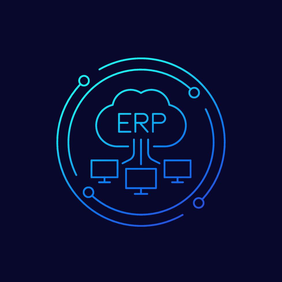 ERP software solutions icon with a cloud, linear design vector
