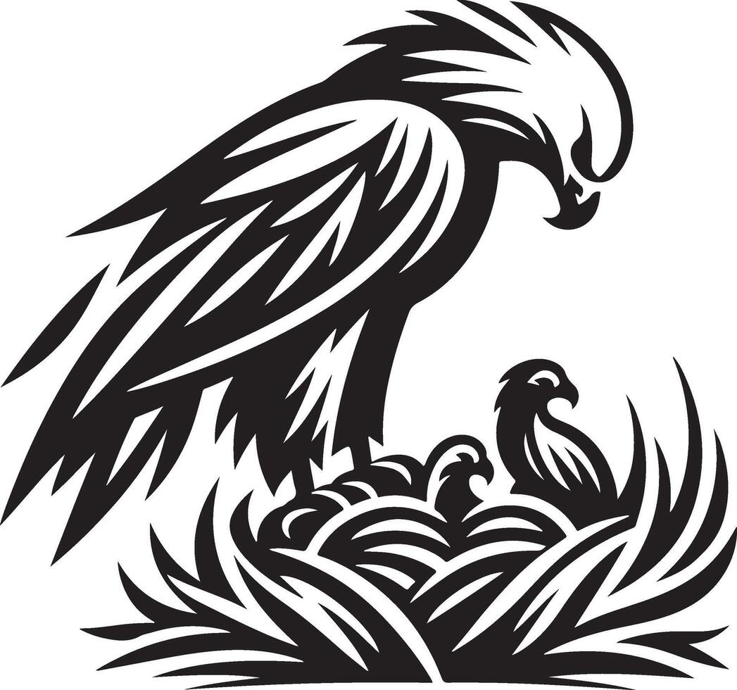 Eagle with Nest and Chicks in Black vector