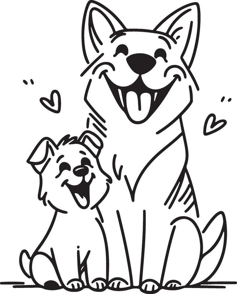 Adorable doodle of a dog family with hearts minimal line art vector
