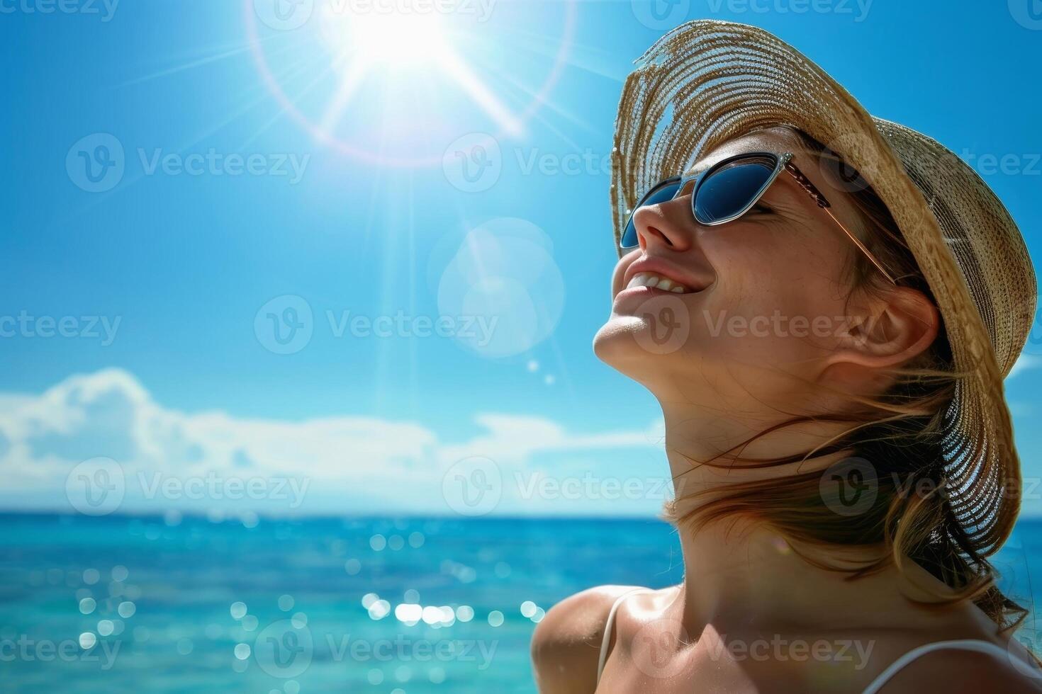 A beautiful woman on a beach enjoying the sunlight. AI generate photo