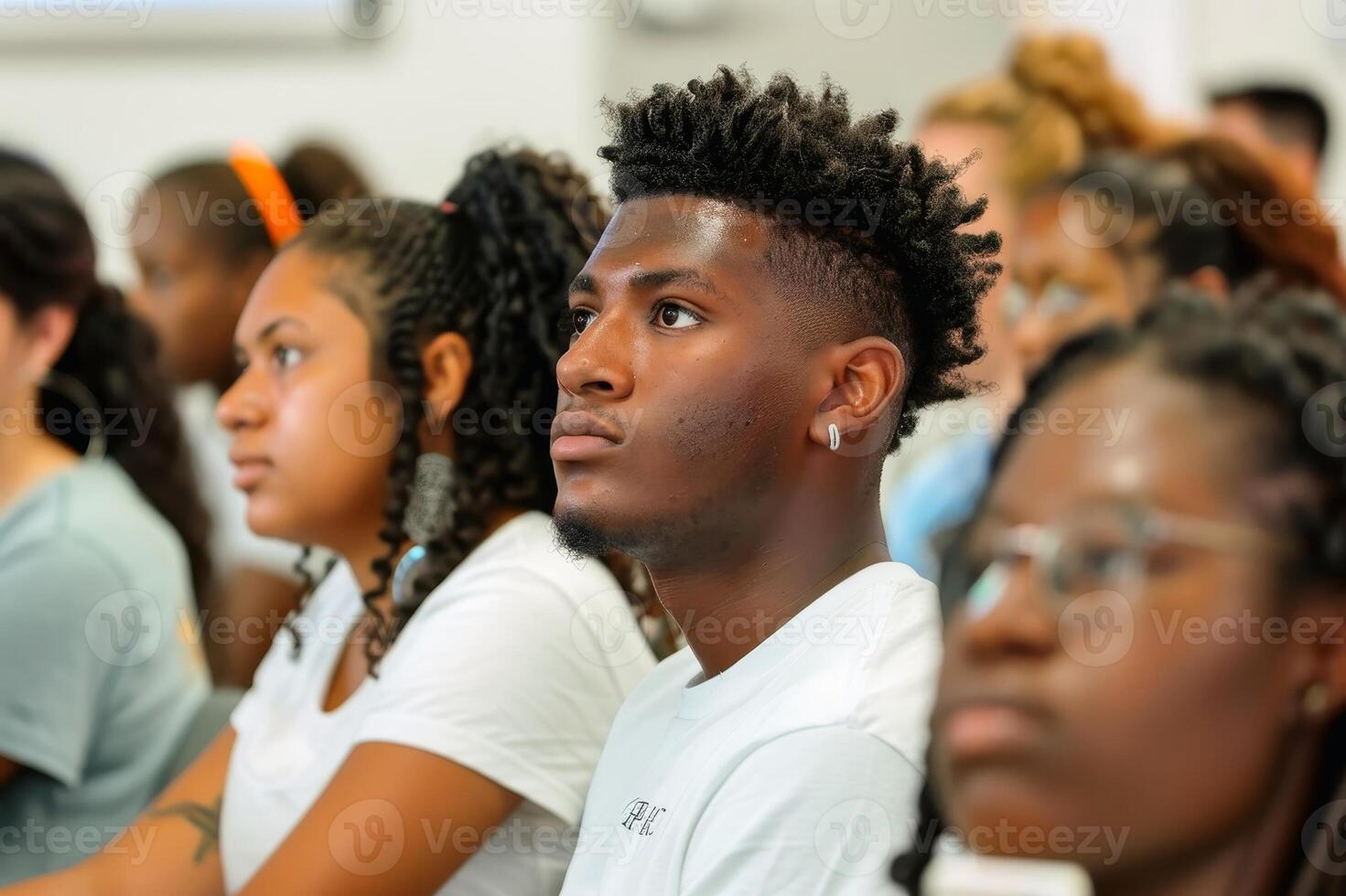 A diverse group of students attending a financial literacy seminar learning about budgeting. AI generate photo