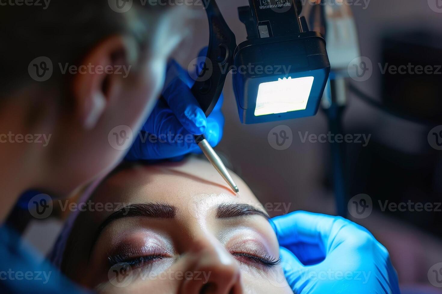 A close up shot of a beautician carefully applying microblading strokes to a womans eyebrows. AI generate photo