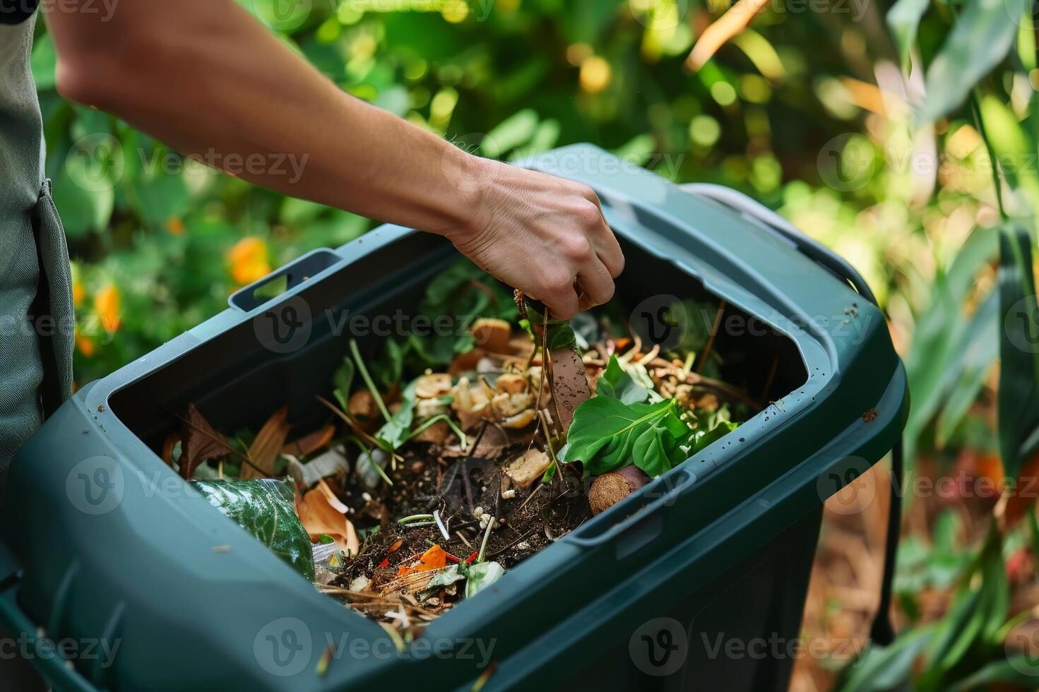 A close up shot of a person adding kitchen scraps to a backyard compost bin. AI generate photo