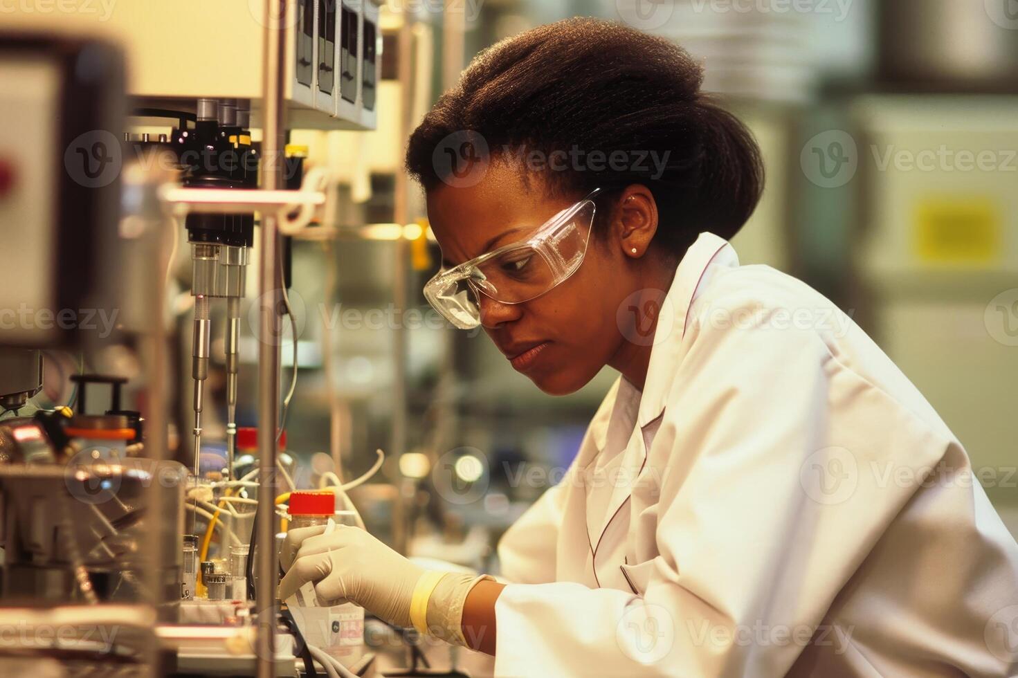 A female scientist in a lab coat conducting an experiment with focused concentration. AI generate photo