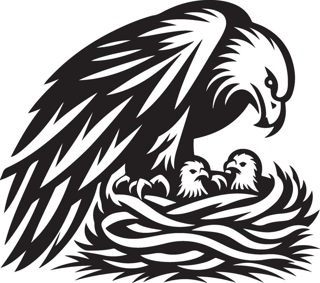 Eagle with Nest and Chicks in Black vector