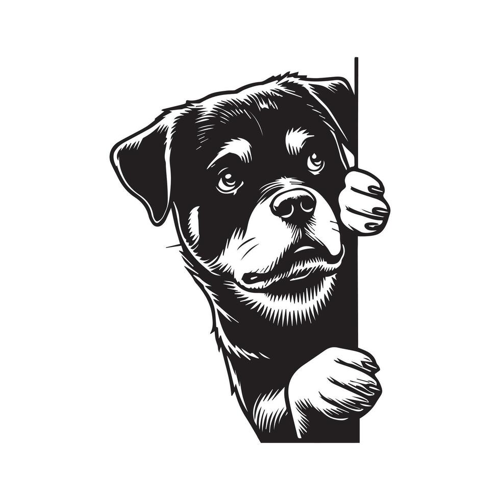 Rottweiler dog peeking face - dog face logo illustration in black and white vector