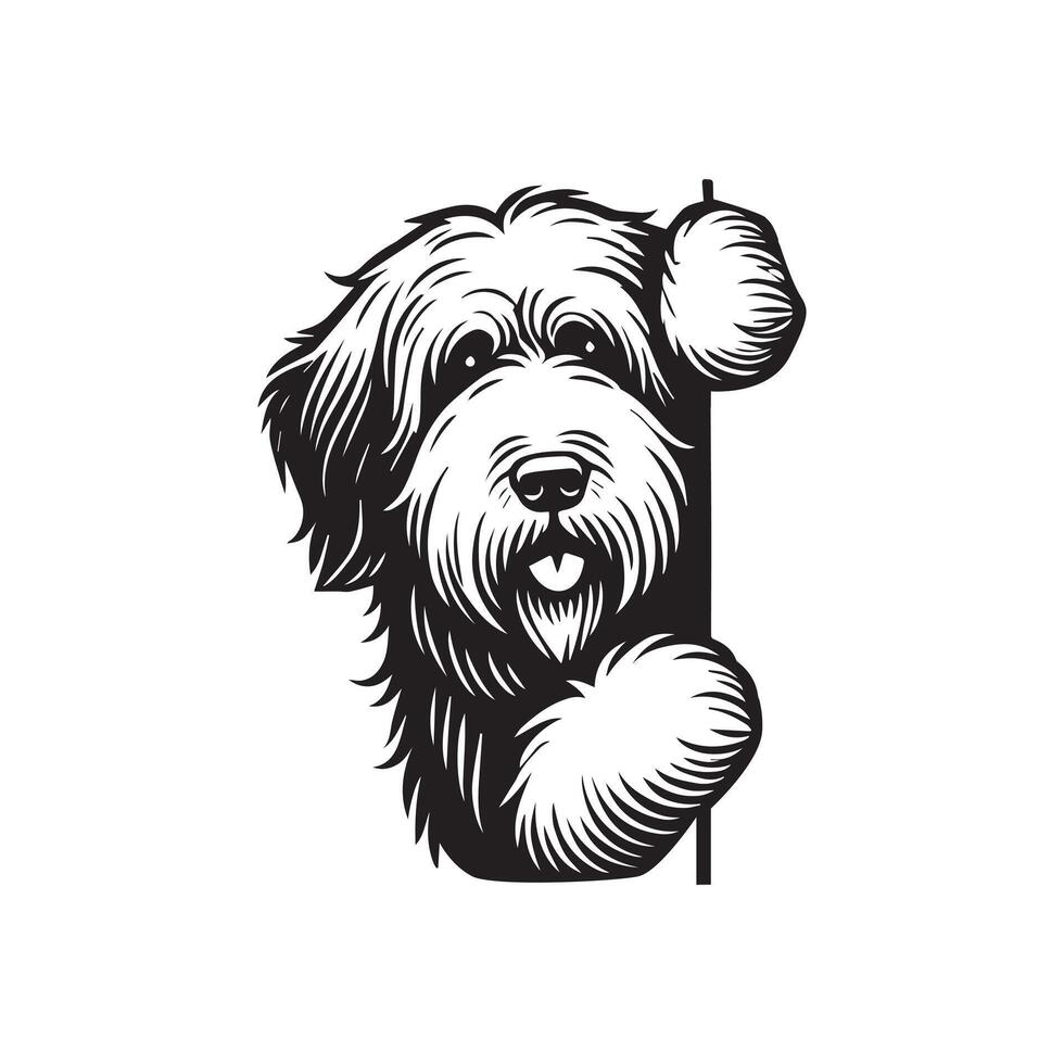 Old English Sheepdog dog peeking face - dog face logo illustration in black and white vector