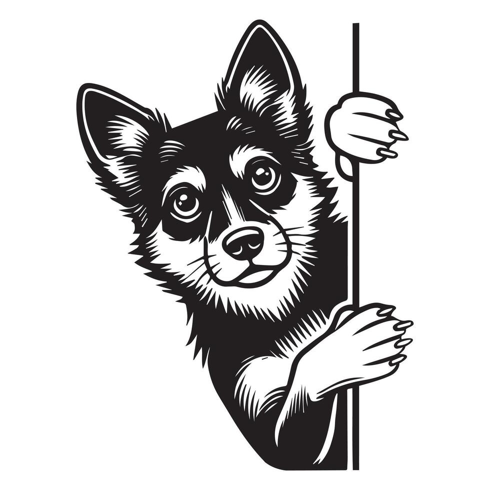 Swedish Vallhund dog peeking face - dog face logo illustration in black and white vector