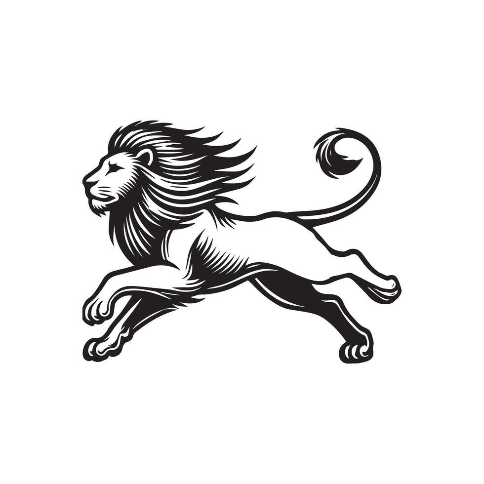 A Running lion illustration in black and white vector